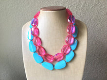 Load image into Gallery viewer, Dark Pink & Turquoise Necklace, double strand jewelry, big beaded chunky statement necklace, blue necklace, turquoise jewelry, pink jewelry