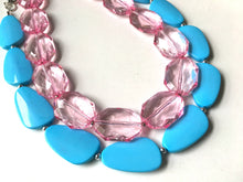Load image into Gallery viewer, Blush Pink & Turquoise Necklace, double strand jewelry, big beaded chunky statement necklace, blue necklace, turquoise jewelry, pink jewelry