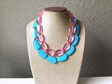 Load image into Gallery viewer, Blush Pink & Turquoise Necklace, double strand jewelry, big beaded chunky statement necklace, blue necklace, turquoise jewelry, pink jewelry
