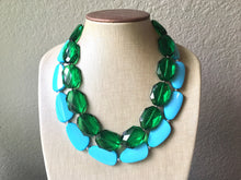Load image into Gallery viewer, Forest & Turquoise Necklace, double strand jewelry, big beaded chunky statement necklace, blue necklace, turquoise jewelry, green jewelry