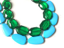 Load image into Gallery viewer, Forest & Turquoise Necklace, double strand jewelry, big beaded chunky statement necklace, blue necklace, turquoise jewelry, green jewelry