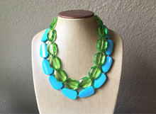 Load image into Gallery viewer, Lime & Turquoise Necklace, double strand jewelry, big beaded chunky statement necklace, blue necklace, turquoise jewelry, green jewelry