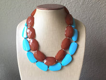 Load image into Gallery viewer, Chocolate & Turquoise Necklace, double strand jewelry, big beaded chunky statement necklace, blue necklace, turquoise jewelry, brown jewelry
