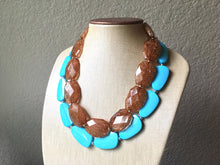Load image into Gallery viewer, Chocolate & Turquoise Necklace, double strand jewelry, big beaded chunky statement necklace, blue necklace, turquoise jewelry, brown jewelry