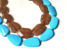 Load image into Gallery viewer, Chocolate & Turquoise Necklace, double strand jewelry, big beaded chunky statement necklace, blue necklace, turquoise jewelry, brown jewelry