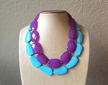 Load image into Gallery viewer, Purple & Turquoise Necklace, double strand jewelry, big beaded chunky statement necklace, blue necklace, turquoise jewelry, purple jewelry