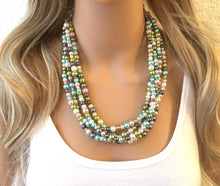 Load image into Gallery viewer, Pearl Pastel & Gray Chunky Statement Necklace, multi Strand Beaded Jewelry, blue pink gray jewelry, spring necklace, Easter statement