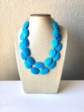 Load image into Gallery viewer, Blue Chunky Statement Necklace, Big beaded jewelry, Double Strand Statement Necklace, Bib necklace, teal turquoise bridesmaid wedding
