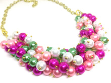 Load image into Gallery viewer, Green & Pink Pearl Preppy Cluster Necklace, pink and green jewelry, pearl cluster bridesmaid jewelry necklace, pearl jewelry, wedding
