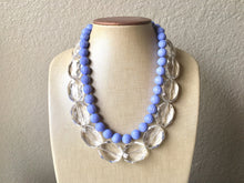 Load image into Gallery viewer, Clear & Periwinkle Statement Necklace, Chunky Beaded Necklace, Periwinkle Jewelry, light blue purple Necklace, blue white beaded necklace