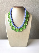 Load image into Gallery viewer, Lime & Periwinkle Statement Necklace, Chunky Beaded Necklace, Periwinkle Jewelry, light blue purple Necklace, blue green beaded necklace