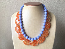 Load image into Gallery viewer, Orange & Periwinkle Statement Necklace, Chunky Beaded Necklace, Periwinkle Jewelry, light blue purple Necklace, blue orange beaded necklace