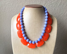 Load image into Gallery viewer, Orange & Periwinkle Statement Necklace, Chunky Beaded Necklace, Periwinkle Jewelry, light blue purple Necklace, blue orange beaded necklace
