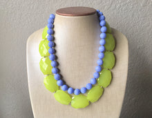 Load image into Gallery viewer, Lime Green & Periwinkle Statement Necklace, Chunky Beaded Necklace, Periwinkle Jewelry, light blue purple Necklace, green beaded necklace