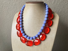 Load image into Gallery viewer, Red & Periwinkle Statement Necklace, Chunky Beaded Necklace, Periwinkle Jewelry, light blue purple Necklace, blue red beaded necklace