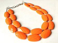 Load image into Gallery viewer, Orange Oval Chunky Statement Necklace, Big beaded bib jewelry, Double Strand Statement Necklace, geometric bright orange bridesmaid wedding
