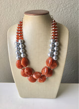 Load image into Gallery viewer, Silver & Rust necklace, double strand jewelry, burnt orange wedding Chunky Statement Necklace, silver orange beaded jewelry chunky