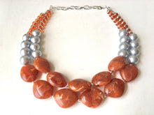 Load image into Gallery viewer, Silver & Rust necklace, double strand jewelry, burnt orange wedding Chunky Statement Necklace, silver orange beaded jewelry chunky