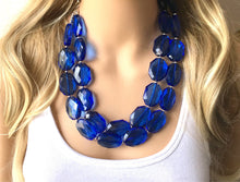 Load image into Gallery viewer, Dark Blue Double Strand Statement Necklace,  Chunky Royal Blue Oval Beaded Bib Jewelry earrings, blue jewelry set, royal blue