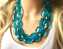 Load image into Gallery viewer, Teal Big Beaded Statement Necklace, beaded jewelry, blue jewelry, teal beaded necklace, turquoise jewelry, blue necklace, chunky beaded bib