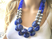 Load image into Gallery viewer, Dark Blue & Silver Chunky Statement Jewelry Set, Big beaded jewelry, Double Strand Statement Necklace, Bib necklace, blue bridesmaid wedding