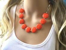 Load image into Gallery viewer, Orange Statement Necklace & earring set, orange jewelry, Your Choice GOLD or SILVER, orange bib chunky necklace, bright orange round necklac