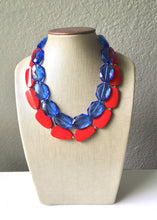 Load image into Gallery viewer, Blue & Red Necklace, multi strand jewelry, big beaded chunky statement necklace, red jewelry, bridesmaid necklace, bib necklace, denim blue
