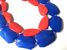 Load image into Gallery viewer, Blue & Red Necklace, multi strand jewelry, big beaded chunky statement necklace, red jewelry, bridesmaid necklace, bib necklace, denim blue