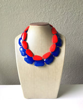 Load image into Gallery viewer, Blue & Red Necklace, multi strand jewelry, big beaded chunky statement necklace, red jewelry, bridesmaid necklace, bib necklace, denim blue