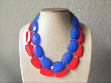 Load image into Gallery viewer, Blue & Red Necklace, multi strand jewelry, big beaded chunky statement necklace, red jewelry, bridesmaid necklace, bib necklace, denim blue