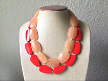 Load image into Gallery viewer, Champagne & Red Necklace, multi strand jewelry, big beaded chunky statement necklace, red jewelry, bridesmaid necklace, bib necklace, tan