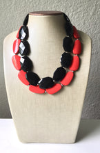 Load image into Gallery viewer, Black & Red Necklace, multi strand jewelry, big beaded chunky statement necklace, red jewelry, bridesmaid necklace, bib necklace, black bead