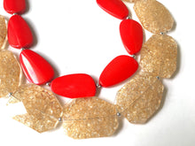 Load image into Gallery viewer, Champagne & Red Necklace, multi strand jewelry, big beaded chunky statement necklace, red jewelry, bridesmaid necklace, bib necklace, resin