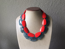 Load image into Gallery viewer, Teal & Red Necklace, multi strand jewelry, big beaded chunky statement necklace, red jewelry, bridesmaid necklace, teal bib necklace