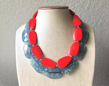 Load image into Gallery viewer, Teal & Red Necklace, multi strand jewelry, big beaded chunky statement necklace, red jewelry, bridesmaid necklace, teal bib necklace