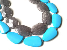 Load image into Gallery viewer, Gray & Turquoise Necklace, double strand jewelry, big beaded chunky statement necklace, blue necklace, turquoise jewelry, gray jewelry