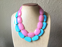 Load image into Gallery viewer, Blush Pink & Turquoise Necklace, double strand jewelry, big beaded chunky statement necklace, blue necklace, turquoise jewelry, pink jewelry