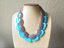 Load image into Gallery viewer, Gray & Turquoise Necklace, double strand jewelry, big beaded chunky statement necklace, blue necklace, turquoise jewelry, gray jewelry
