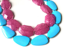 Load image into Gallery viewer, Dark Pink & Turquoise Necklace, double strand jewelry, big beaded chunky statement necklace, blue necklace, turquoise jewelry, pink jewelry