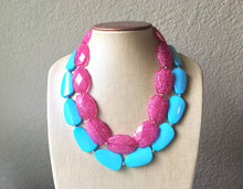 Load image into Gallery viewer, Dark Pink & Turquoise Necklace, double strand jewelry, big beaded chunky statement necklace, blue necklace, turquoise jewelry, pink jewelry