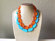 Load image into Gallery viewer, Orange & Turquoise Necklace, double strand jewelry, big beaded chunky statement necklace, blue necklace, turquoise jewelry, orange jewelry