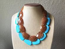 Load image into Gallery viewer, Chocolate & Turquoise Necklace, double strand jewelry, big beaded chunky statement necklace, blue necklace, turquoise jewelry, brown jewelry