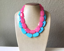 Load image into Gallery viewer, Bubblegum Pink & Turquoise Necklace, double strand jewelry, big beaded chunky statement necklace, blue necklace, turquoise jewelry, pink