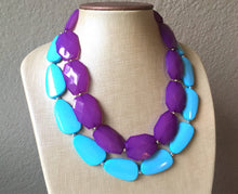 Load image into Gallery viewer, Purple & Turquoise Necklace, double strand jewelry, big beaded chunky statement necklace, blue necklace, turquoise jewelry, purple jewelry