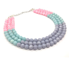 Load image into Gallery viewer, Blush Gray and Mint Statement Necklace, Triple Strand Beaded Jewelry, Chunky multi strand green pink gray jewelry, beaded bib necklace