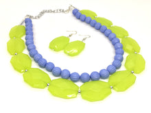 Load image into Gallery viewer, Lime Green & Periwinkle Statement Necklace, Chunky Beaded Necklace, Periwinkle Jewelry, light blue purple Necklace, green beaded necklace