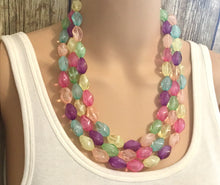 Load image into Gallery viewer, Triple Pastel Rainbow Beaded Necklace, Colorful Jewelry, Chunky statement necklace, rainbow jewelry, rainbow baby confetti mint pink