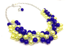 Load image into Gallery viewer, Royal Blue + Yellow 3 Piece Jewelry Set - Necklace, Earrings, Bracelet, Wedding Bridesmaid Pearl cluster, blue and yellow, michigan jewelry