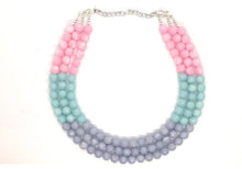 Load image into Gallery viewer, Blush Gray and Mint Statement Necklace, Triple Strand Beaded Jewelry, Chunky multi strand green pink gray jewelry, beaded bib necklace