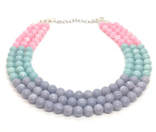 Load image into Gallery viewer, Blush Gray and Mint Statement Necklace, Triple Strand Beaded Jewelry, Chunky multi strand green pink gray jewelry, beaded bib necklace